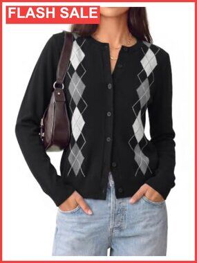 Argyle Button Up Cardigan Sweater Crewneck Knit Long Sleeve Fall Teacher